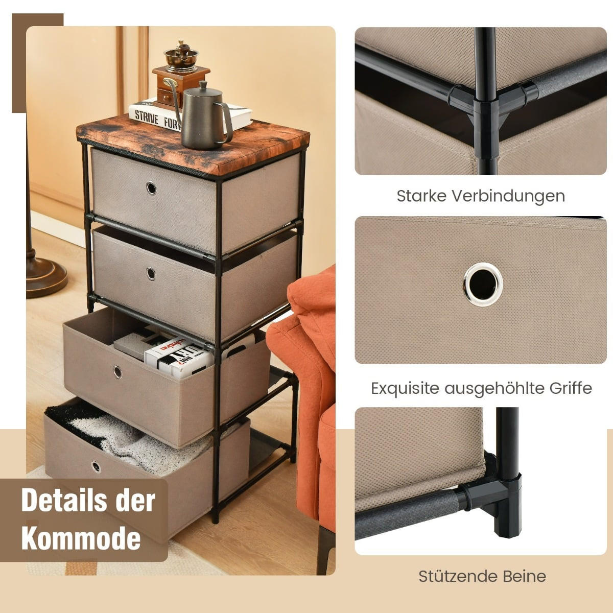 NACHTTISCH Stoffkommode 4 Schubladen 42 x 33,5 x 84,5 cm, Braun - Braun, Textil (42/84.5/33.5cm) - DESIGN IN