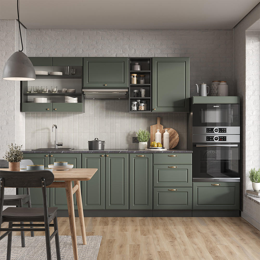 KÜCHENZEILE Fame-Line Grün-Gold Landhaus/Anthrazit 280 cm ohne AP - Anthrazit/Grün, Holzwerkstoff (280/81.6/46cm) - Vicco