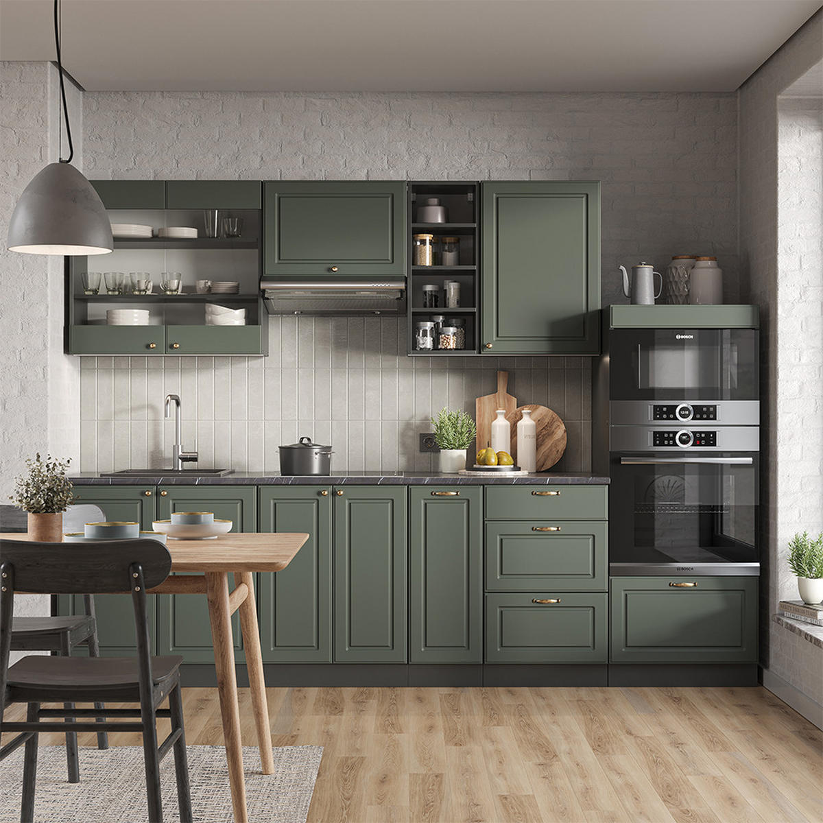 KÜCHENZEILE Fame-Line Grün-Gold Landhaus/Anthrazit 280 cm AP Anthrazit - Anthrazit/Grün, Holzwerkstoff (280/81.6/60cm) - Vicco