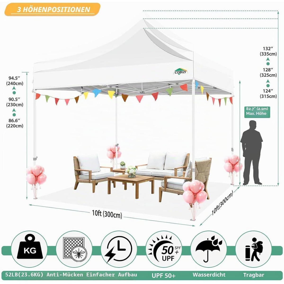 GARTENPAVILLON 3x3m Wasserdicht mit 4 Netz-Seitenwänden Weiß - Weiß, Textil (300/335/300cm)