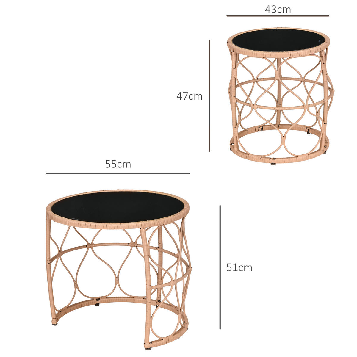 BEISTELLTISCH 2er- Set , für Garten, Balkon, Khaki - Naturfarben, Kunststoff (55/55/51cm) - Outsunny