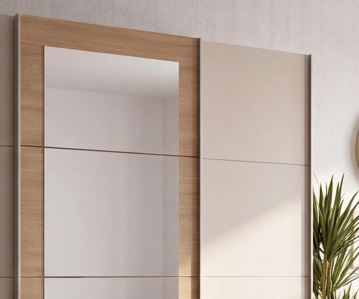 SCHWEBETÜRENSCHRANK 3-türig B225/H208/64 cm Kleiderschrank in Beige Grau, Spiegel umrahmt in Eiche Natur, Griffe Beige Grau / 22625 - Beige, Holzwerkstoff/Metall (225/208/64cm) - luma-home