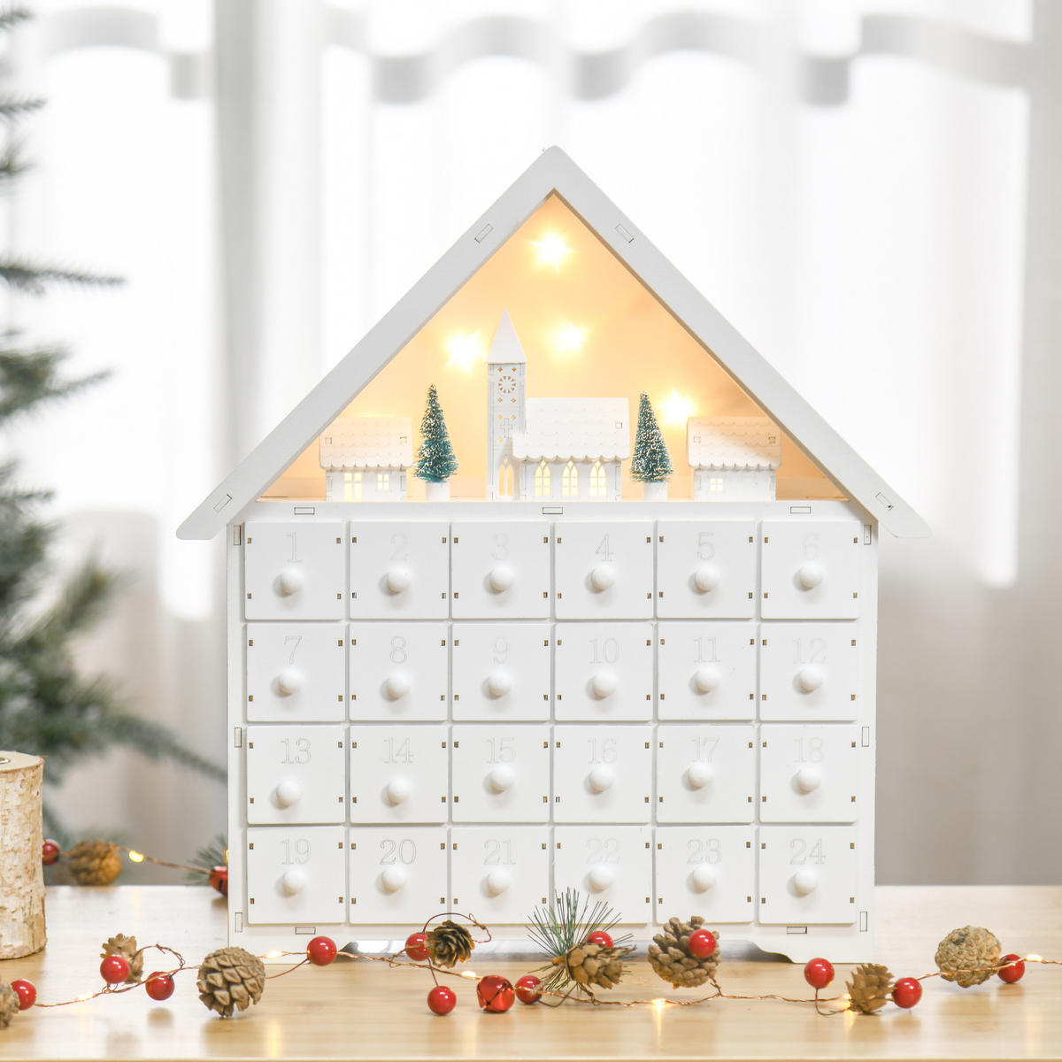 ADVENTSKALENDER Weihnachtskalender 24 Schubladen mit LED 2-in-1-Design - Weiß, Holz (9/42/39cm) - HOMCOM