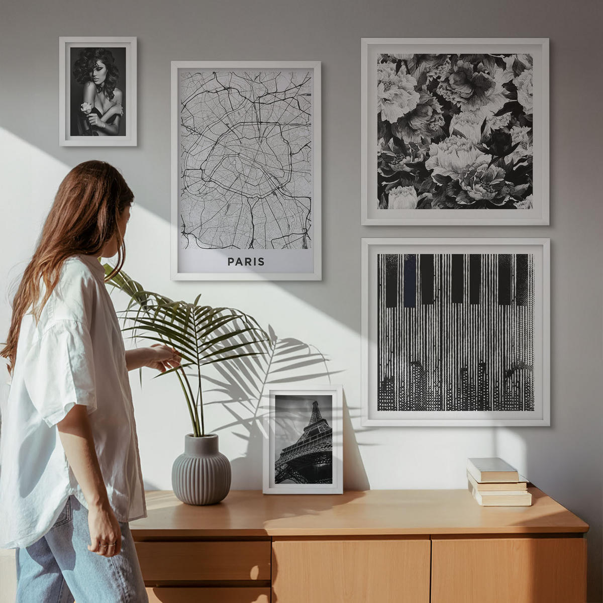 WANDBILDER 5er-Set - 50x50 cm & 20x30 cm & 40x60 cm Weißer Rahmen - Porträt einer Frau mit einer Eiffel-Rose - Weiß, Kunststoff (40/60cm) - ArtPrintCave