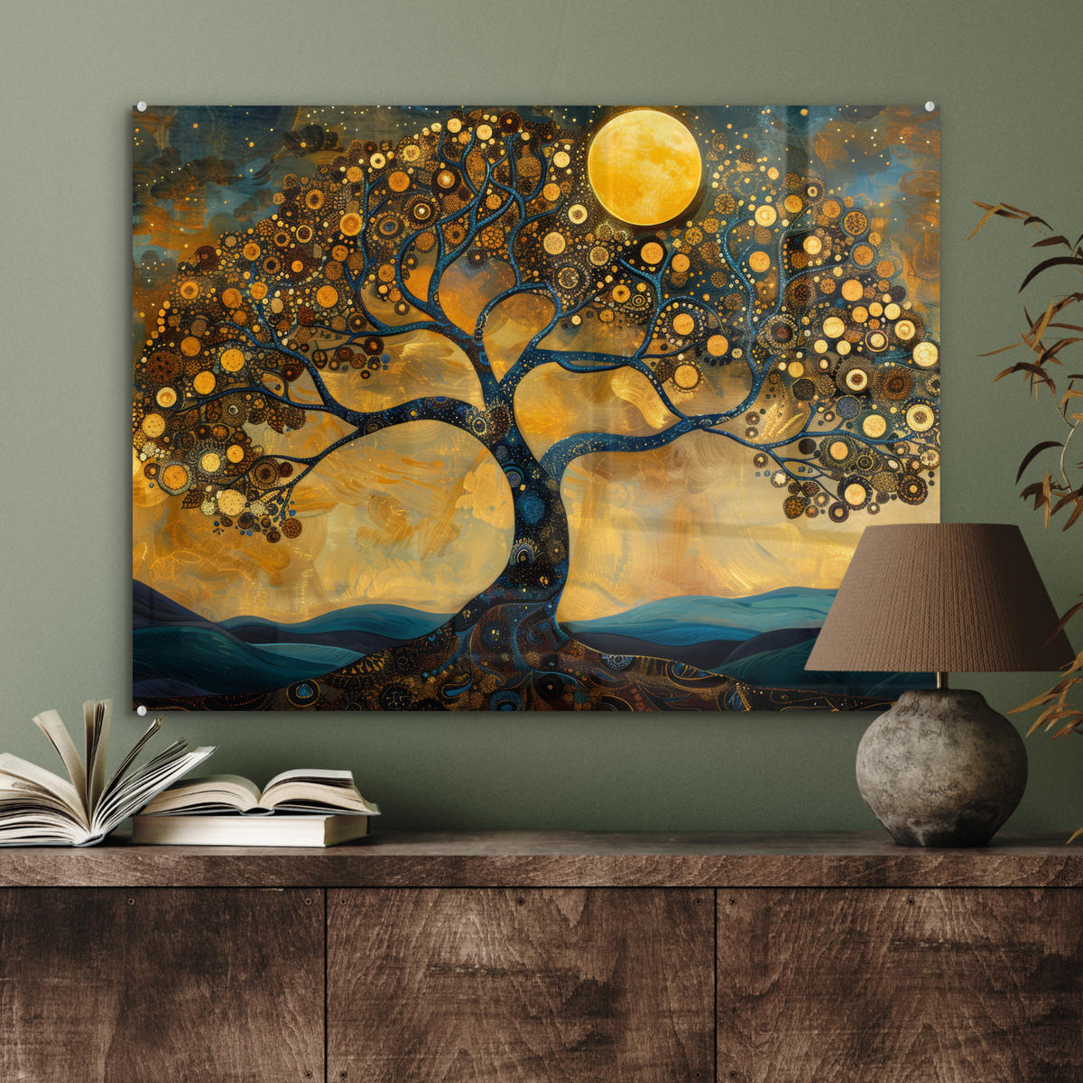 ACRYLGLASBILD Baum - Mond - Blumen - Gold - Kunst 80x60 cm - Orange, Glas (80/60cm) - MuchoWow