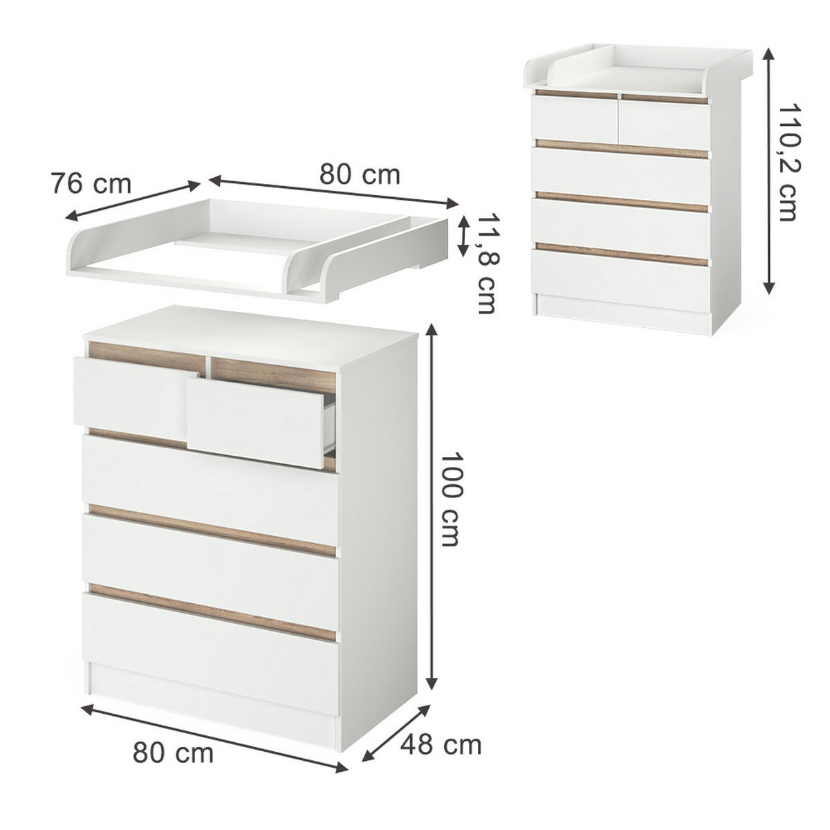 KOMODA ZA PRESVLAČENJE Emma Bijela-Sonoma 80 x 110.2 cm s 5 ladica - bijela/svijetlo smeđa, drvni materijal (80/110.2/76cm) - Vicco