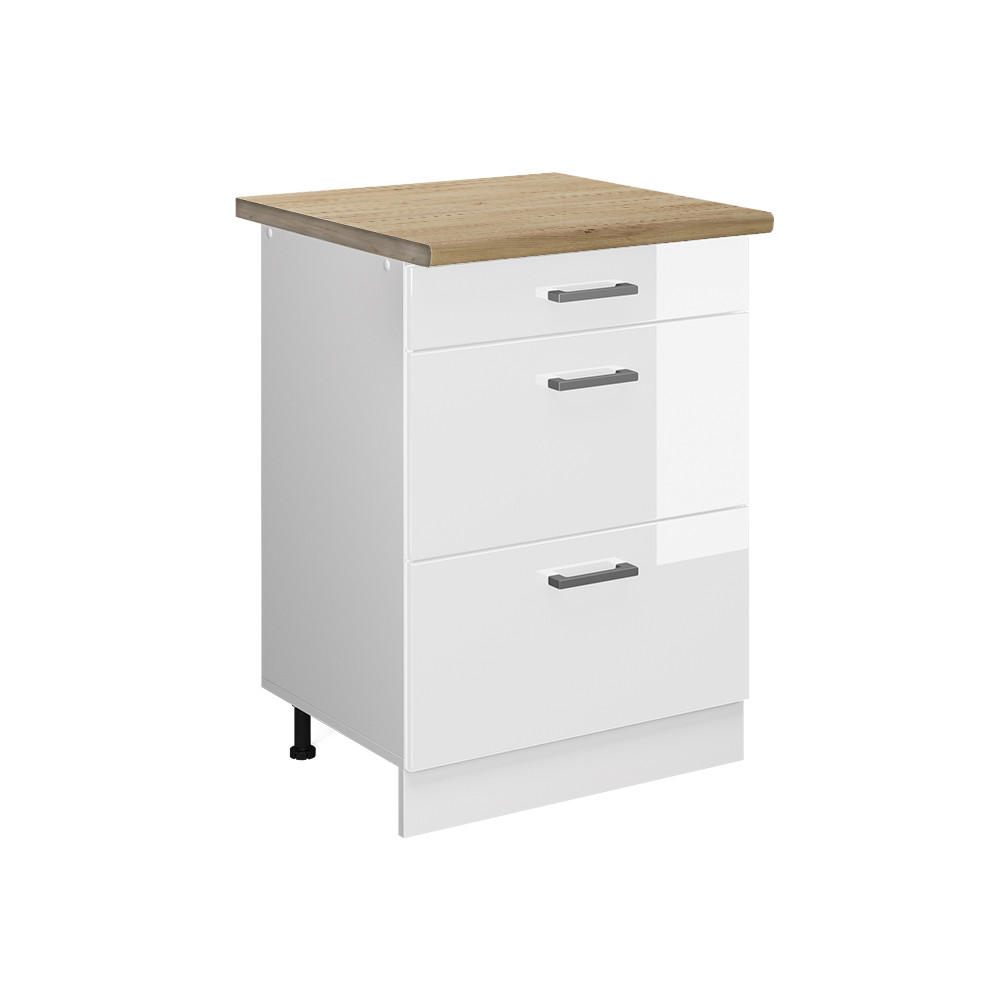 KÜCHENUNTERSCHRANK R-Line Weiß Hochglanz 60 cm mit Schubladen AP Eiche - Weiß Hochglanz/Weiß, Holzwerkstoff (60/81.6/60cm) - Vicco