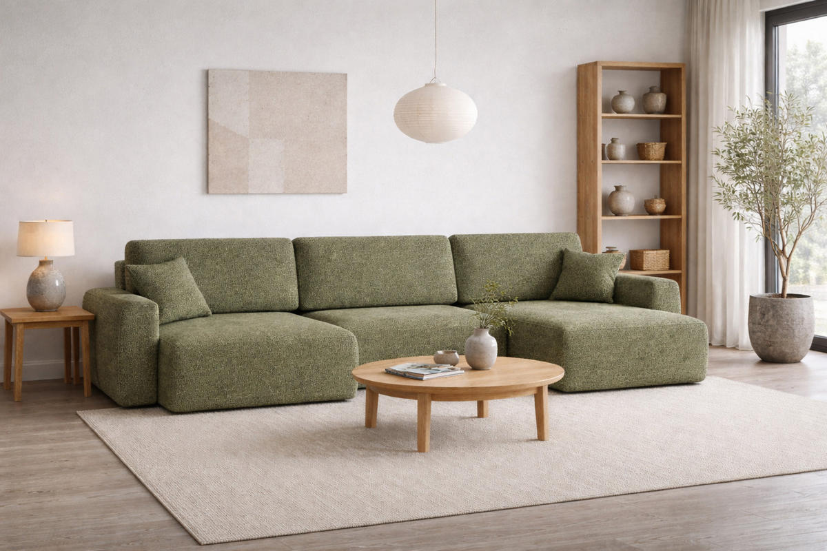 ECKSOFA Mit Schlaffunktion Und Bettkasten U-Form Ariel U, Chenille-Stoff Artico, Moss - Hellgrün, Holz (342/142cm) - Kaiser Möbel