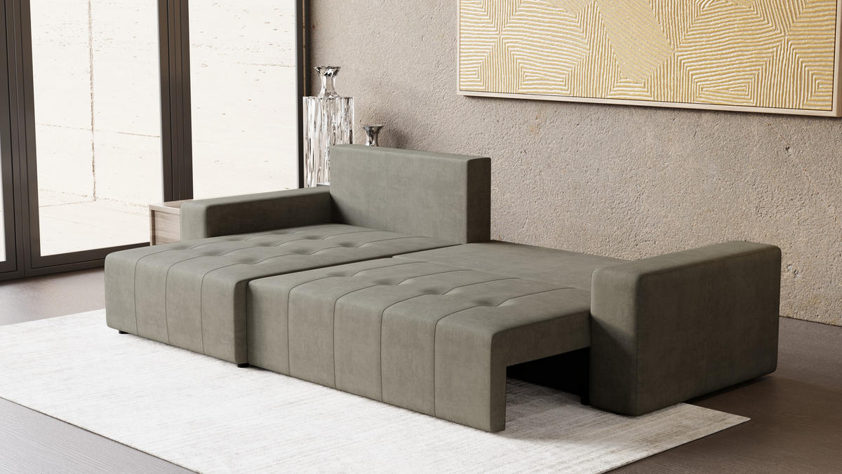 ECKSOFA Tico mit Bettkasten und Schlaffunktion, L-Form/XL-Form, Velourstoff, Universal - Hellgrau, Holzwerkstoff (276/145cm) - 4ALL HOME