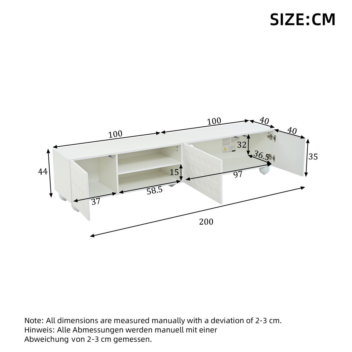 TV-LOWBOARD 200x40x44 cm Weiß 3 Türen Stauraum Schrank - Weiß, Holzwerkstoff (40/44/200cm) - FLIEKS