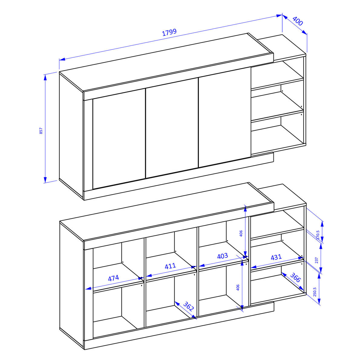 SIDEBOARD SINFONIA 180/86/40 cm mit 3 Türen Eichefarben - Eichefarben/Weiß, Holzwerkstoff (180/86/40cm) - MASSENO