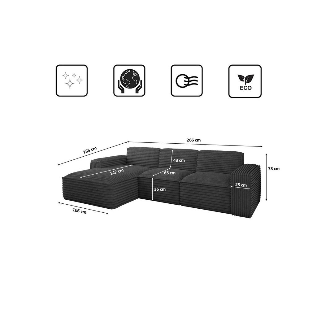 Thumbnail - Kaiser Möbel Ecksofa, Graphit, Textil, 4-Sitzer, einzeln stellbar, L-Form, Ottomane links, Ottomane rechts,L-Form, 266x1...