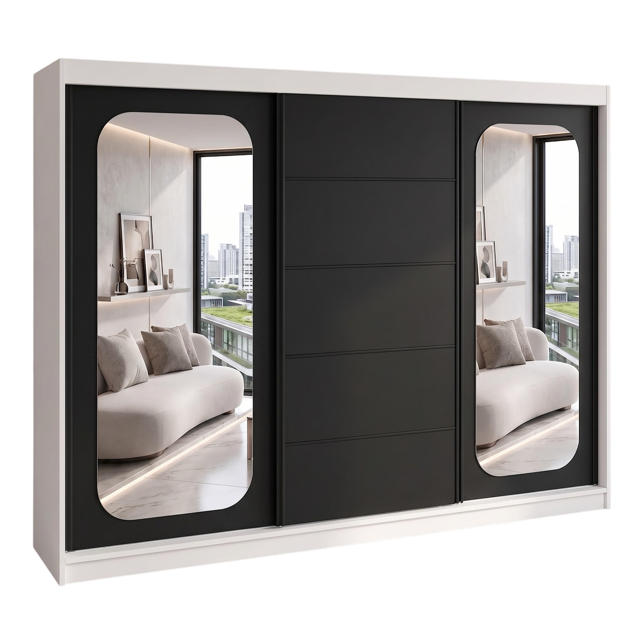 A&J MöbelLand Schwebetürenschrank Weiß, Schwarz 200x215x59.5 cm