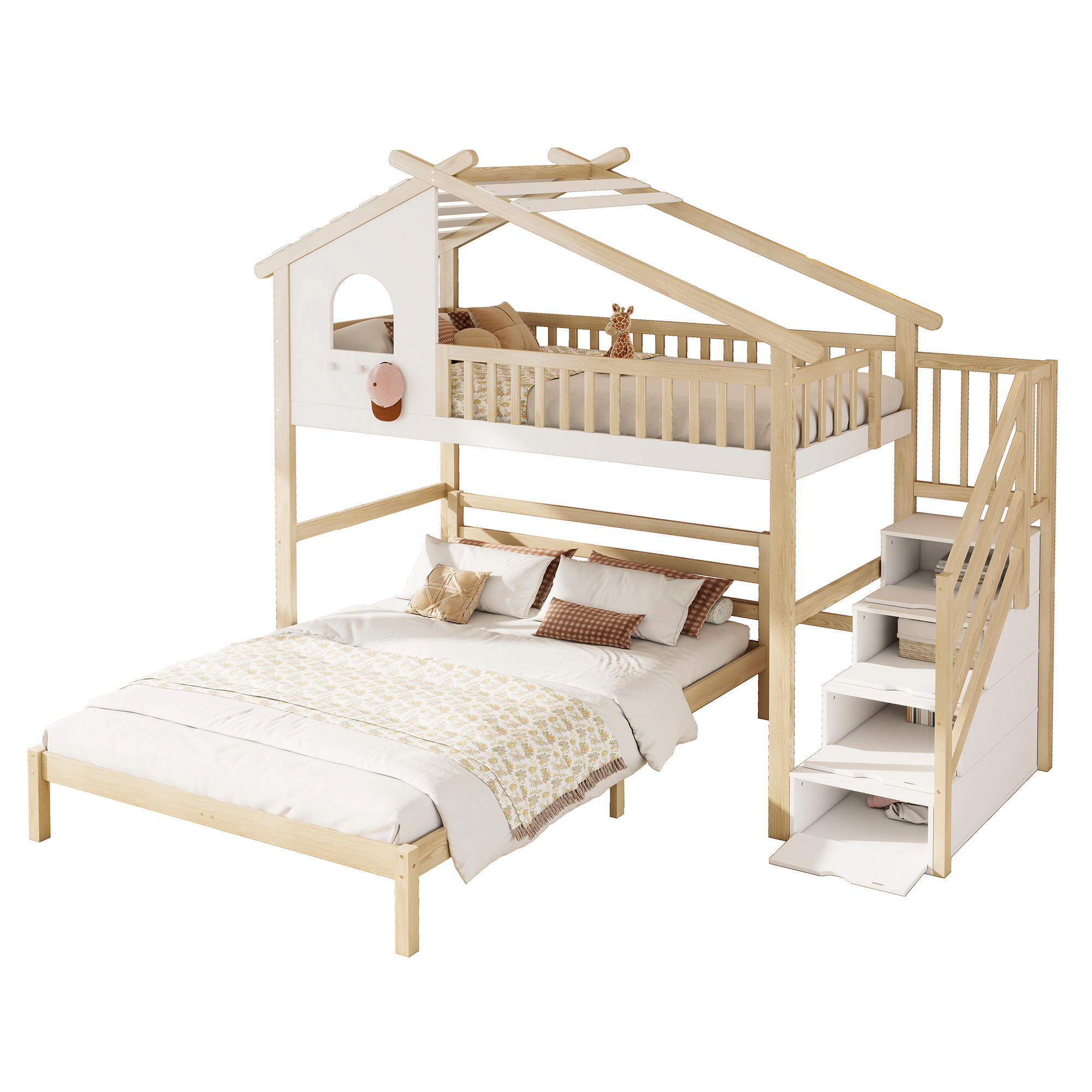 HOCHBETT 90x200cm Weiß + Natur Bettgitter Stauraumleiter Unterbett - Multicolor, Holz (90/200cm) - FLIEKS