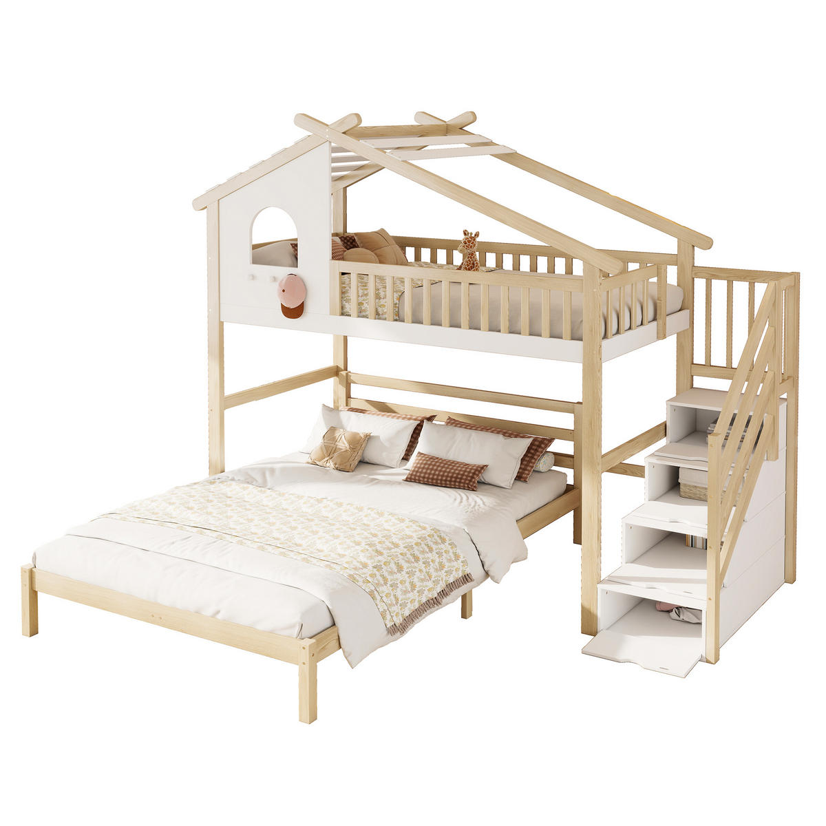 HOCHBETT 90x200cm Weiß + Natur Bettgitter Stauraumleiter Unterbett - Multicolor, Holz (90/200cm) - FLIEKS