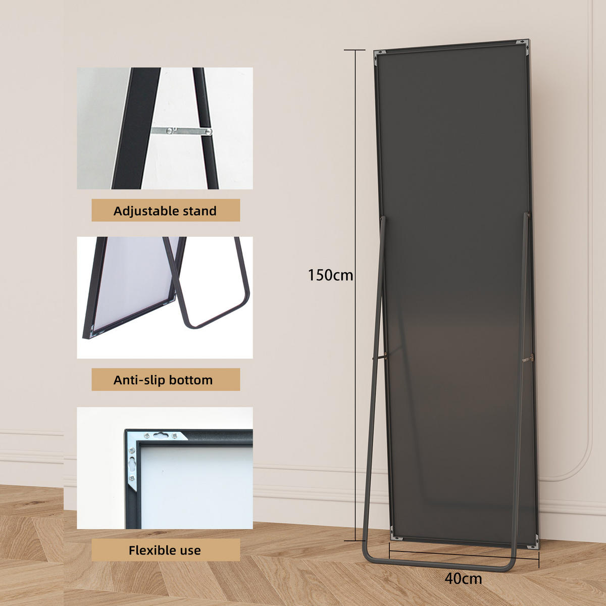 STANDSPIEGEL 40x150 cm, Rechteckiger Aluminiumrahmen, freistehend oder wandmontierbar in Schwarz - Schwarz, Metall (40/3/150cm) - BRILVERDE