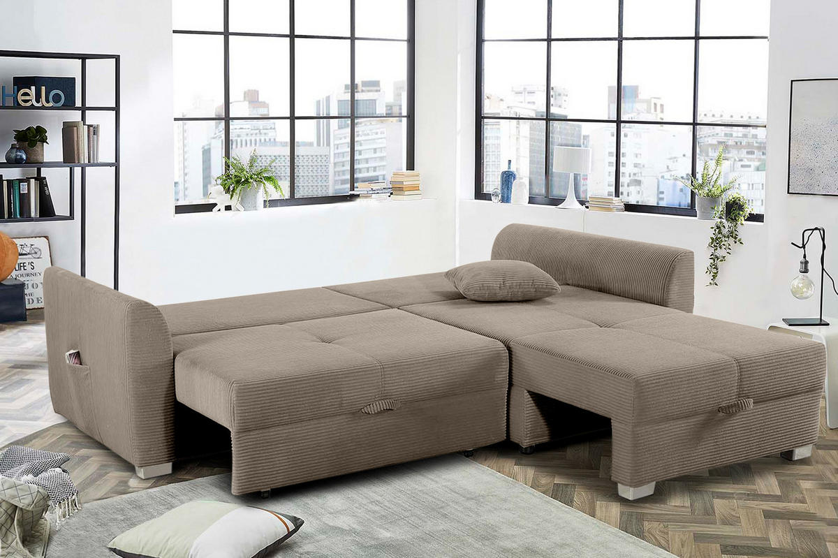 ECKSOFA mit Schlaffunktion und Bettkasten, seitenverkehrt montierbar B236/T160/H81 cm, Liegefl. 142x202 cm, Cord Braun Taupe / 15208 - Taupe/Chromfarben, Kunststoff/Textil (236/160cm) - luma-home