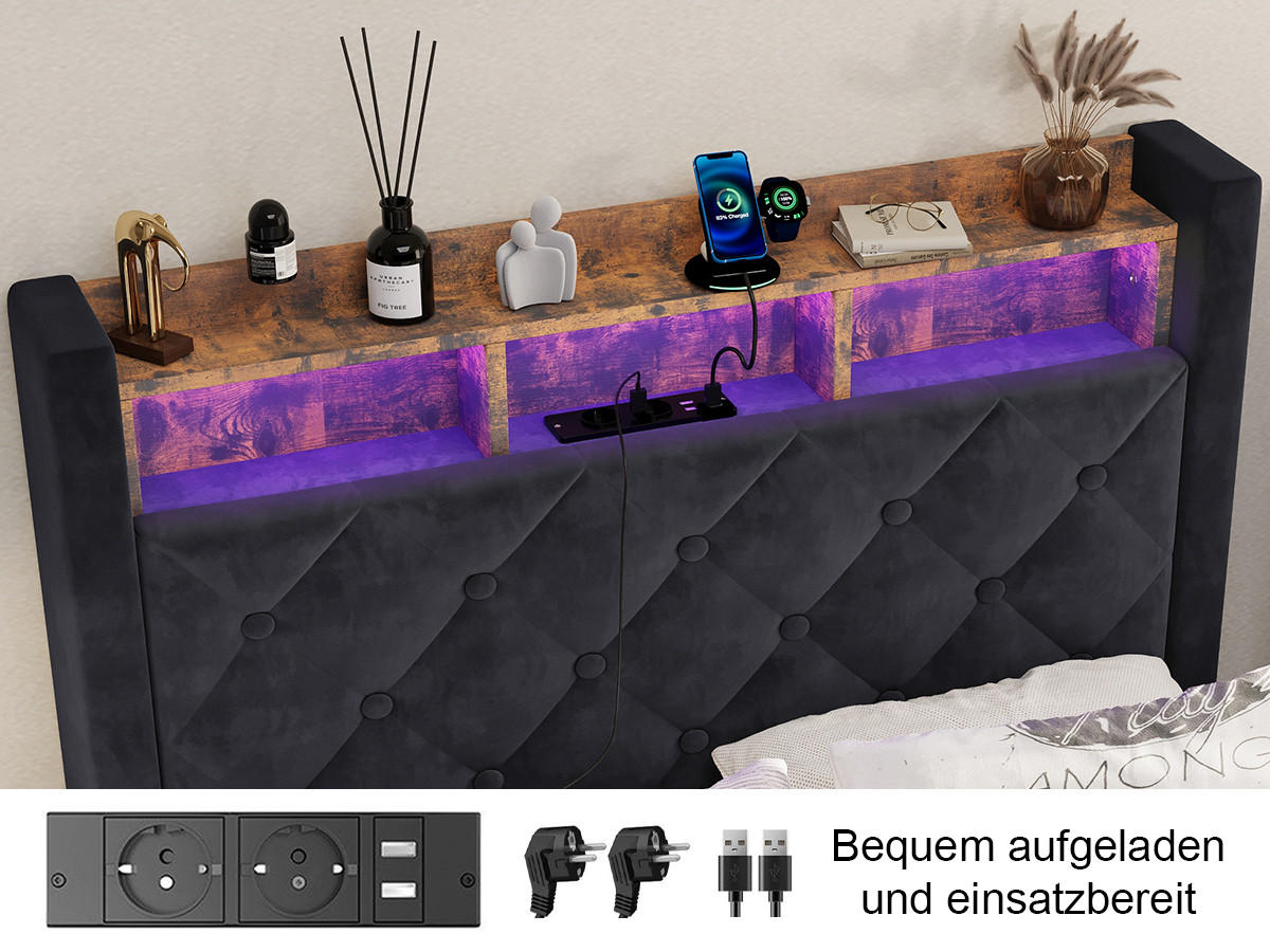 POLSTERBETT 90/200 cm mit Bettkasten und Steckdose Boxspringbett mit USB und LED-Licht Stauraumbett ohne Matratze - Grau, Holzwerkstoff/Textil (90/200cm) - STILVORA