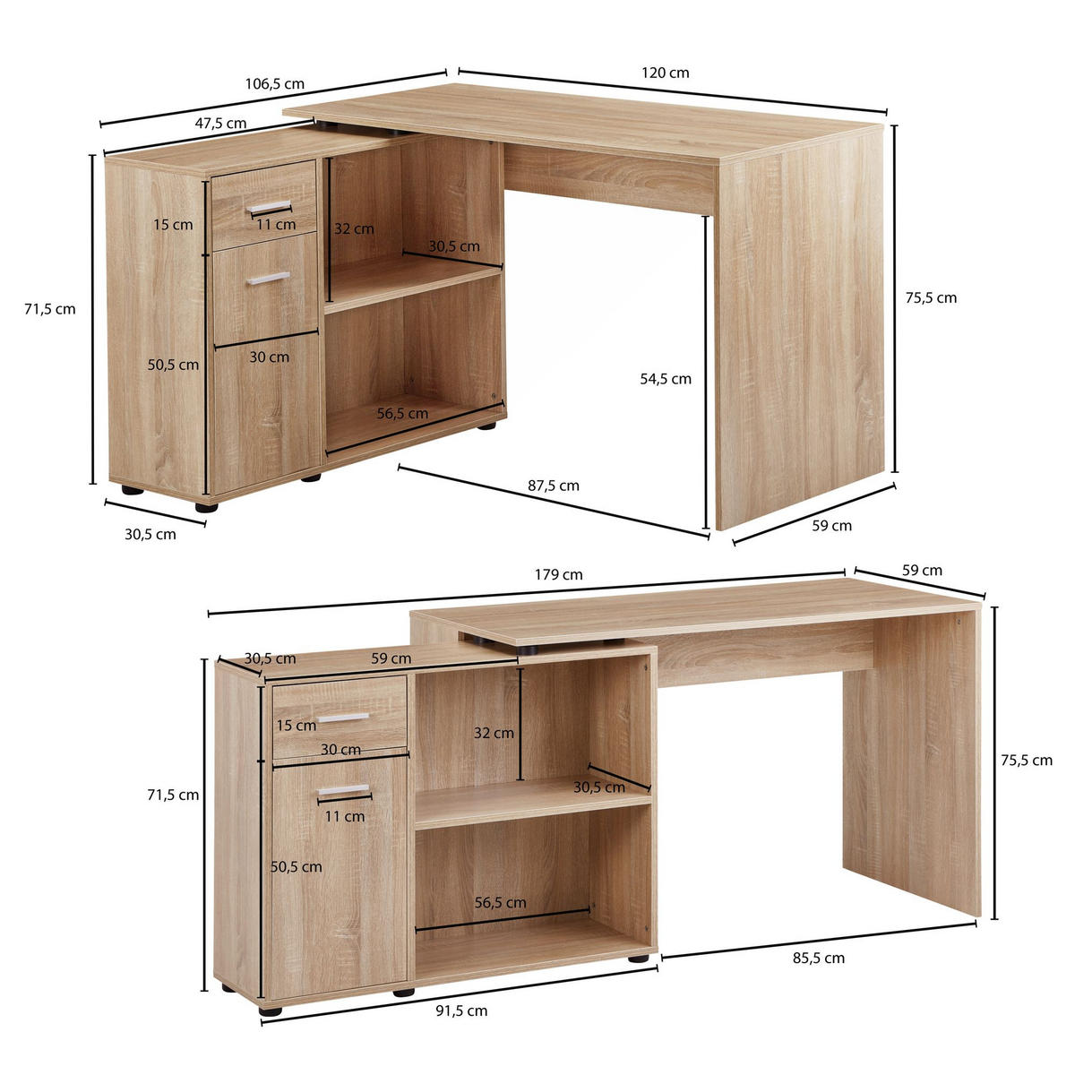 SCHREIBTISCH mit Regalplatte – flexibel aufstellbar, melaminbeschichtet, Sonoma, 120x107x75 cm - Beige/Braun, Holz/Kunststoff (107/120/75cm) - KADIMA DESIGN