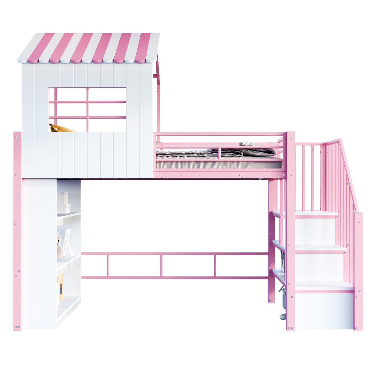 HOCHBETT 90/200 cm aus Metall und MDF mit Stauraumtreppe, Regal und Freiraum unter dem Bett, Rosa/Weiß - Rosa, Metall (90/200cm) - Redom