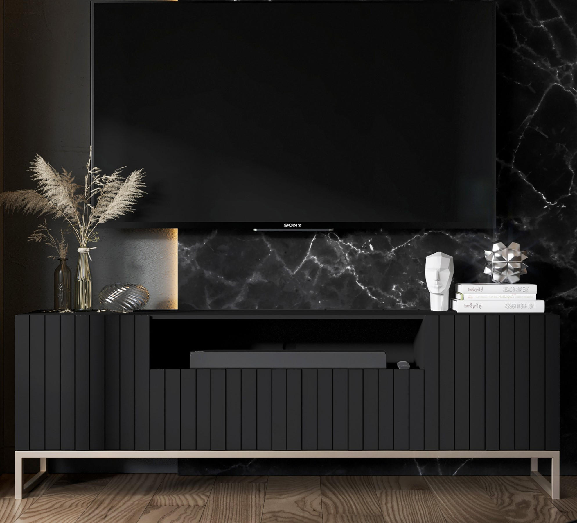 TV-SCHRANK Elpis2 Schwarz Matt mit Metallrahmen 150 cm - Goldfarben/Schwarz, Holzwerkstoff/Metall (150/51.5/36.5cm) - Meble Lindner