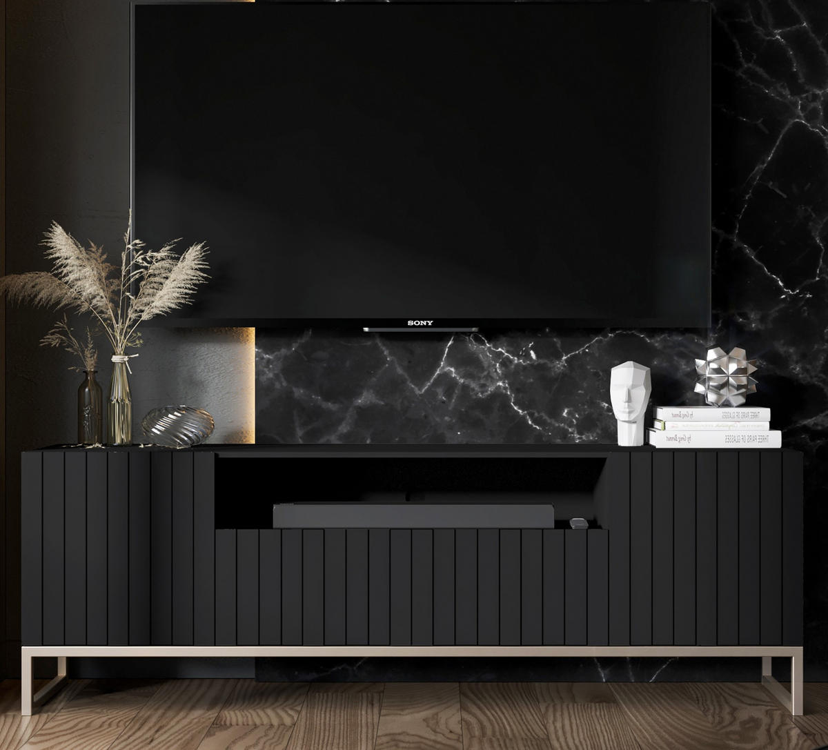 TV-SCHRANK Elpis2 Schwarz Matt mit Metallrahmen 150 cm - Goldfarben/Schwarz, Holzwerkstoff/Metall (150/51.5/36.5cm) - Meble Lindner