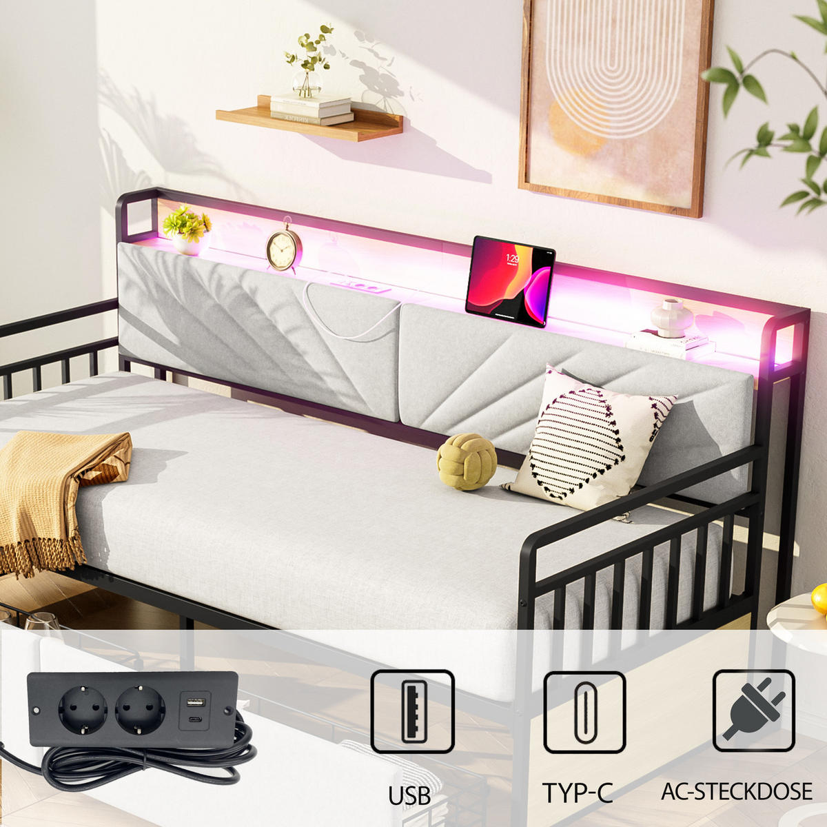 METALLBETT 90x200 cm LED USB beige - Beige, Metall (90/200cm) - LEBENLANG