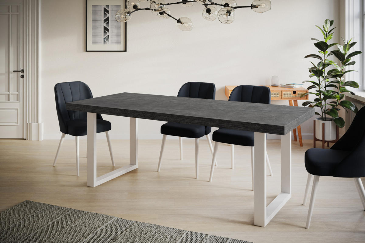 ESSZIMMERTISCH LOFT-U, ausziehbarer Tisch 180-280X90X77 cm, Farbe: Dunkelgrau, mit Metallbeinen in Farbe Weiß - Dunkelgrau/Weiß, Holzwerkstoff (180/90/77cm) - Alpi-Möbel