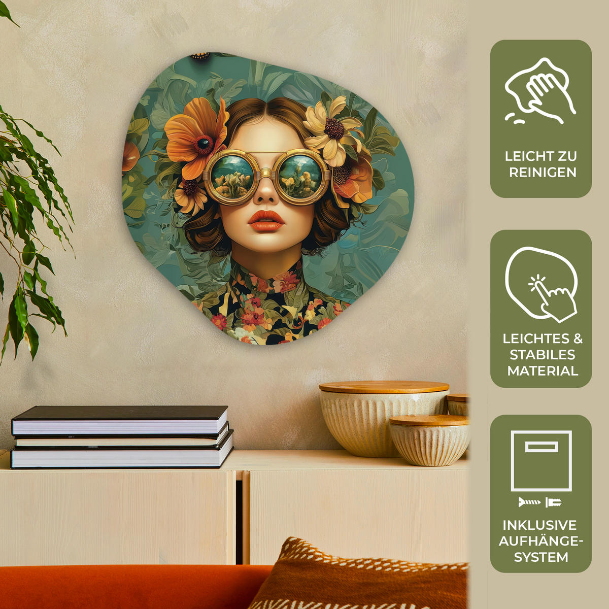 WANDBILD Frau - Blumen - Schmetterlinge - Natur - Vintage 60x60 cm - Petrol, Kunststoff (60/60cm) - MuchoWow