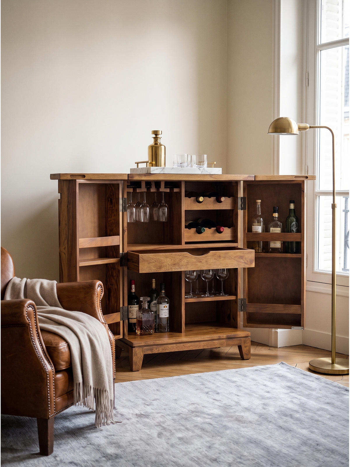 HAUSBAR SIRACUSA, Dunkles Massivholz, mit Ablagen, 65 x 50 x 90 cm - Dunkelbraun/Braun, Holz (65/90/50cm) - KADIMA DESIGN