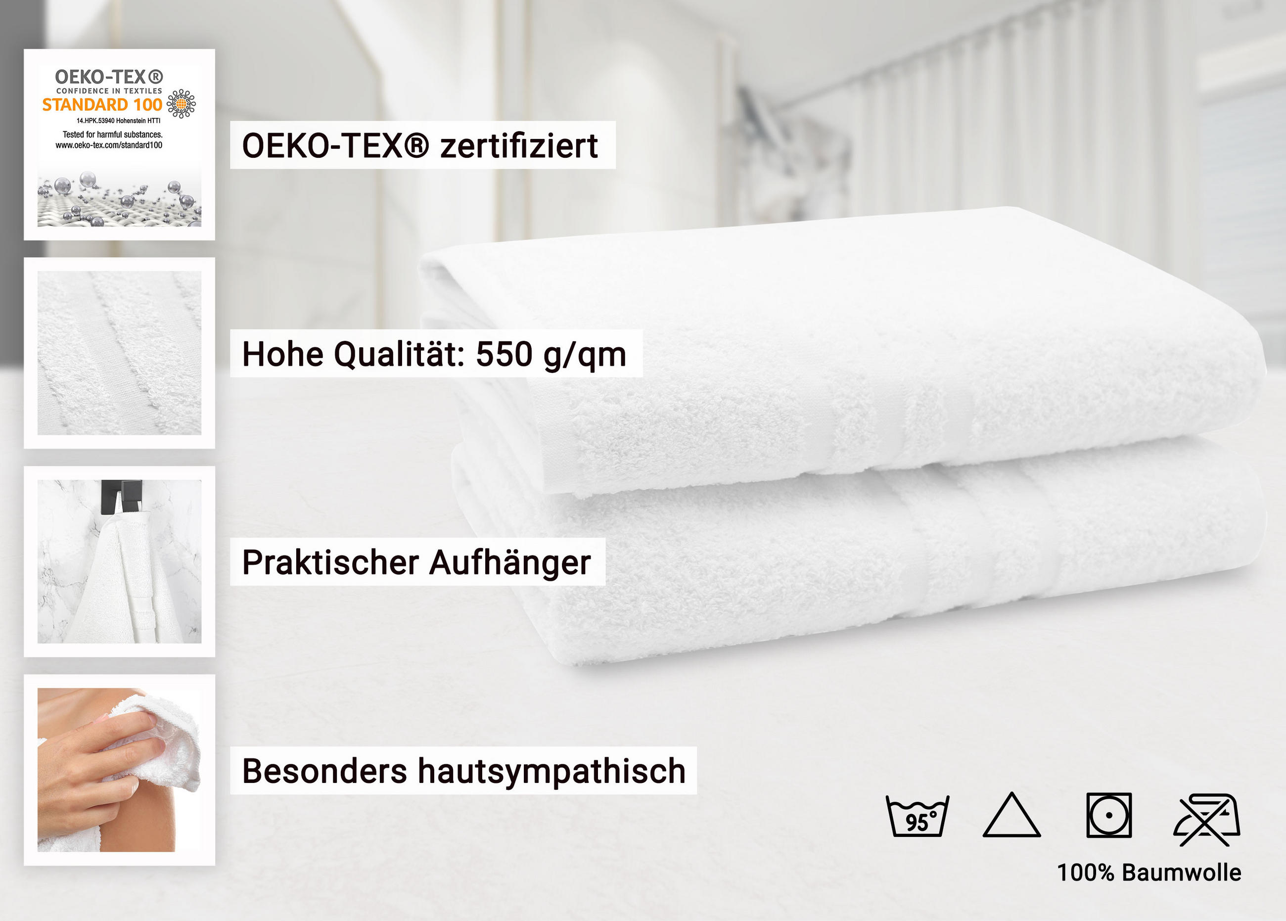 BADETUCH, 2er-Set, 100x150 cm, 100% Baumwolle, Weiß - Weiß, Textil (100/150cm) - Zollner