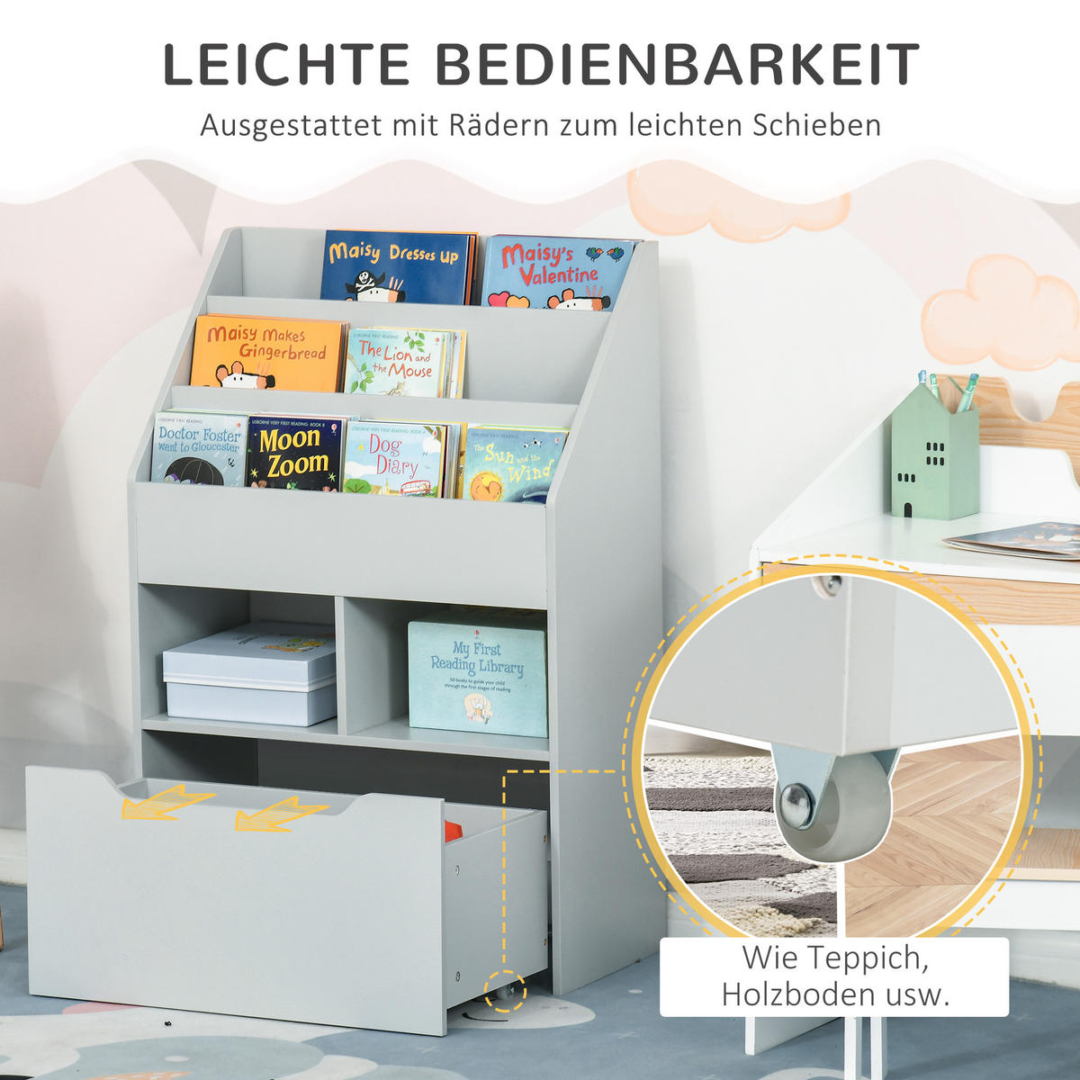KINDERBÜCHERREGAL - Grau, Holzwerkstoff (29.9/90/60cm) - HOMCOM