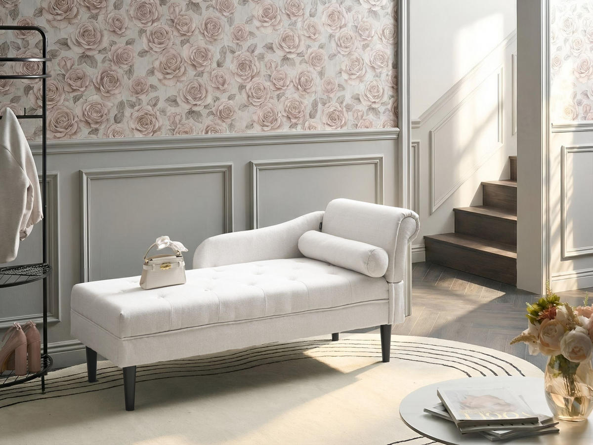 ČALOUNĚNÉ LEHÁTKO CHAISE LONGUE PRAVOSTRANNÉ Látka Krémově bílé Yvoire - bílá/černá, textil (68/72/151cm) - Beliani