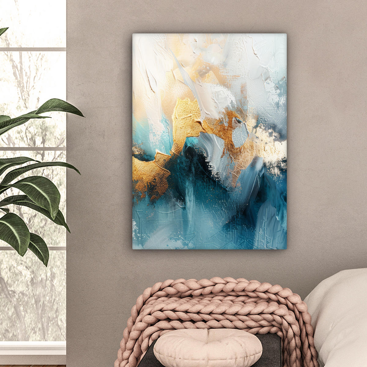 LEINWANDBILD Abstrakt - Kunst - Gold - Blau Wandbild Wohnzimmer 60x80 cm - Petrol, Textil (60/80cm) - MuchoWow