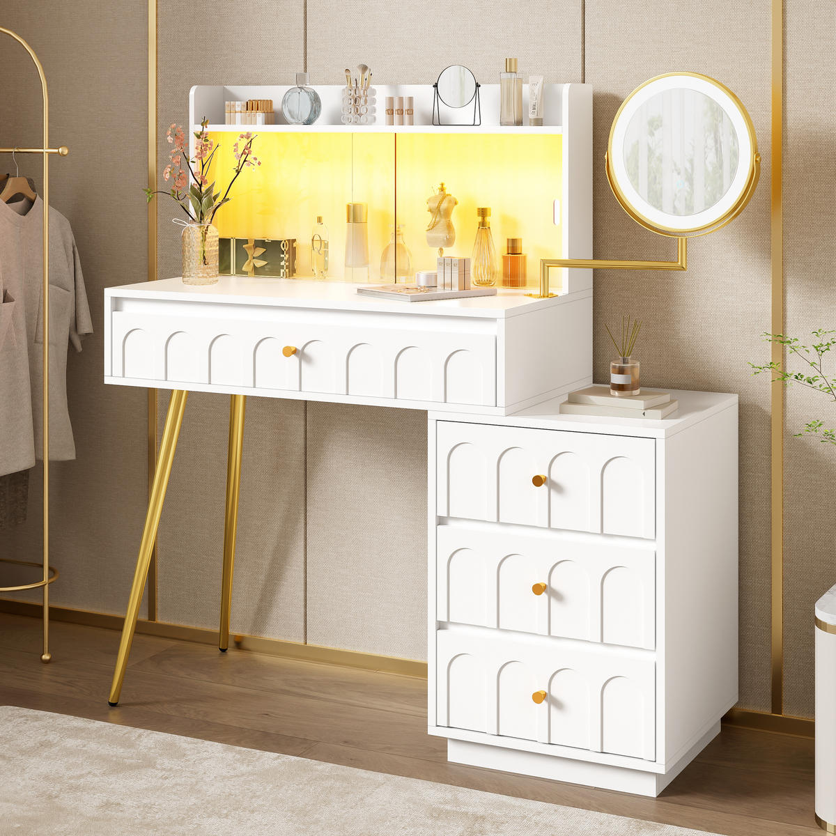 SCHMINKTISCH 112/34,5/116 cm weiß aus MDF mit LED-Spiegel - Weiß, Holzwerkstoff (34.5/116/112cm) - OKWISH