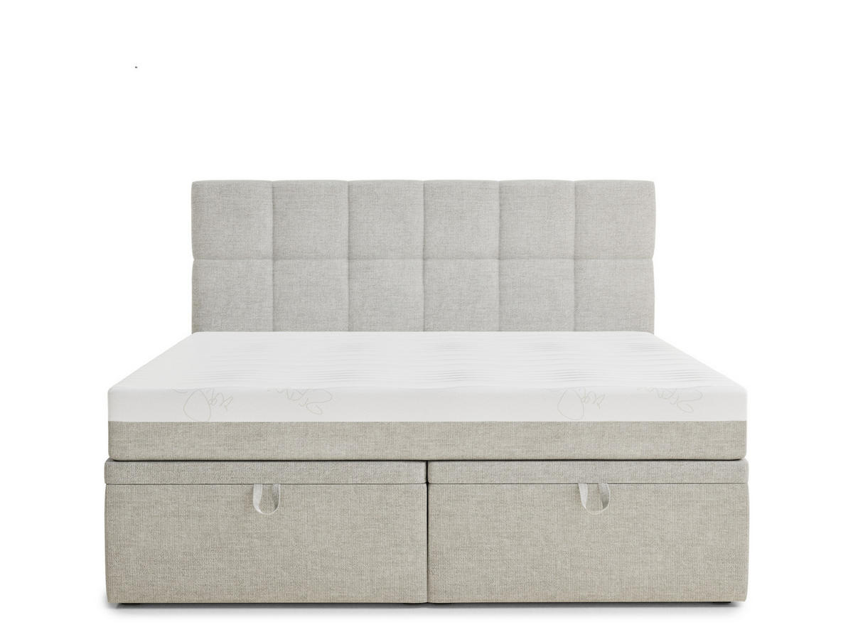 BOXBETT 140/200 cm Gotu M, in Hellgrau, Matratze, gepolstertes Kopfteil, Bettkasten, H3 = fest - Hellgrau/Schwarz, Holz/Holzwerkstoff (140/200cm) - Maison de Reve