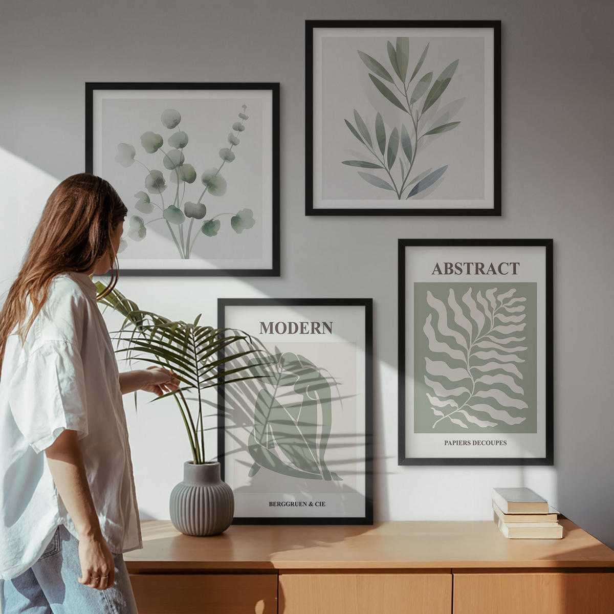 BILDER SET 4er Set - 50x50 cm & 40x60 cm Schwarzer Rahmen - Matisse entwirft Boho-Pflanzen - Schwarz, Kunststoff (50/50cm) - TULUP
