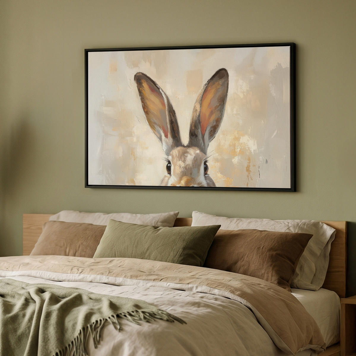 LEINWAND Bilder mit Rahmen - Hase - Ohren - Braun - 90x60 - Beige, Textil (90/60cm) - MuchoWow