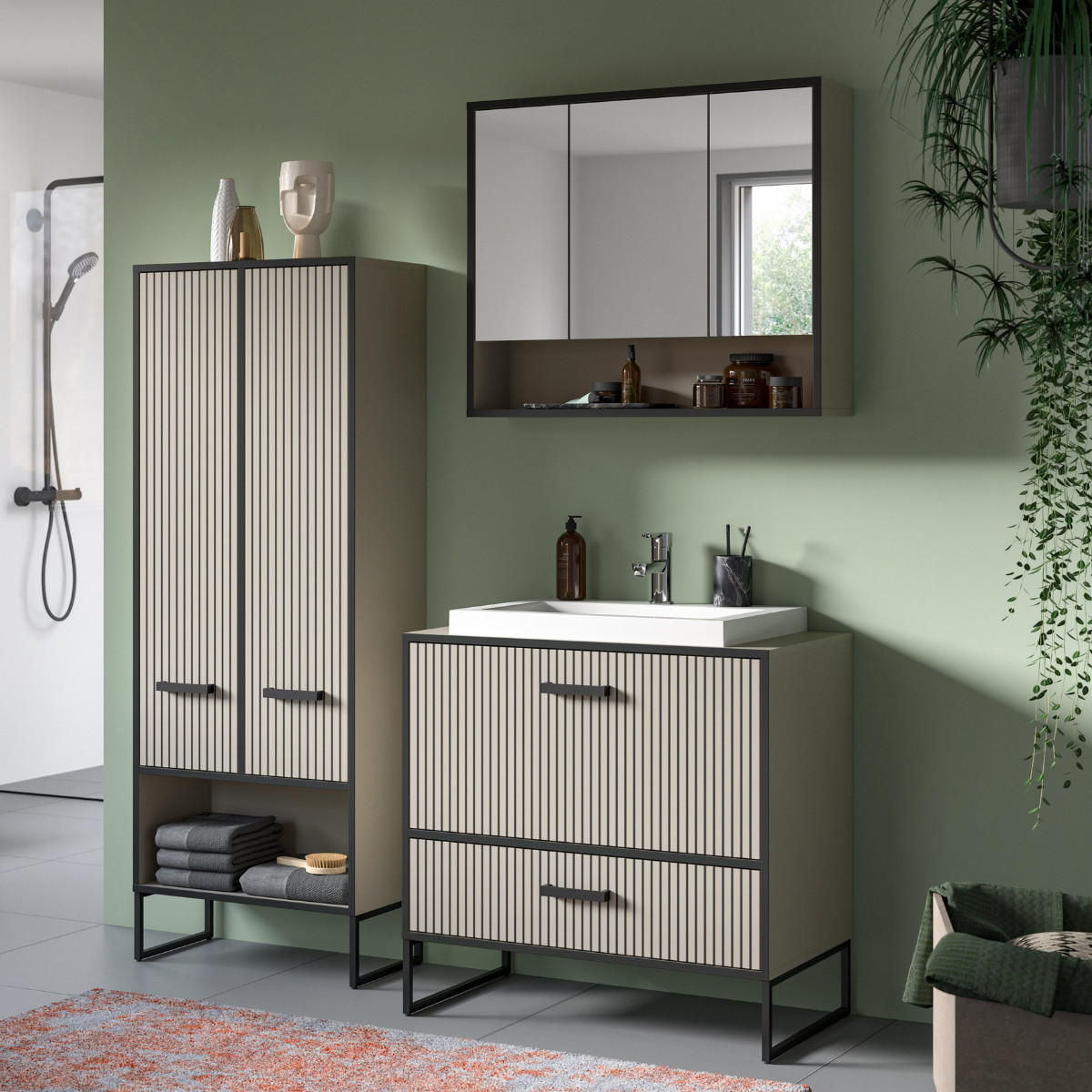 HÄNGESCHRANK mit 3 Spiegeltüren und 1 Nische Kaschmir 19/68/80 cm - Beige, Holzwerkstoff (19/68/44.5cm) - Calicosy