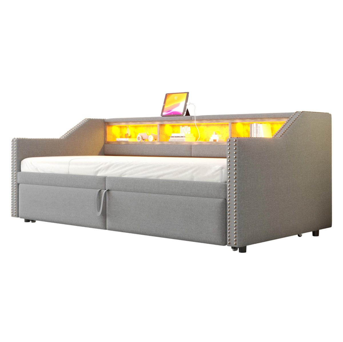 BETT 90/180 x 200 cm mit Auszug, USB und LED – inkl. 2 Matratzen - Hellgrau, Textil (90/200cm) - BEAOK