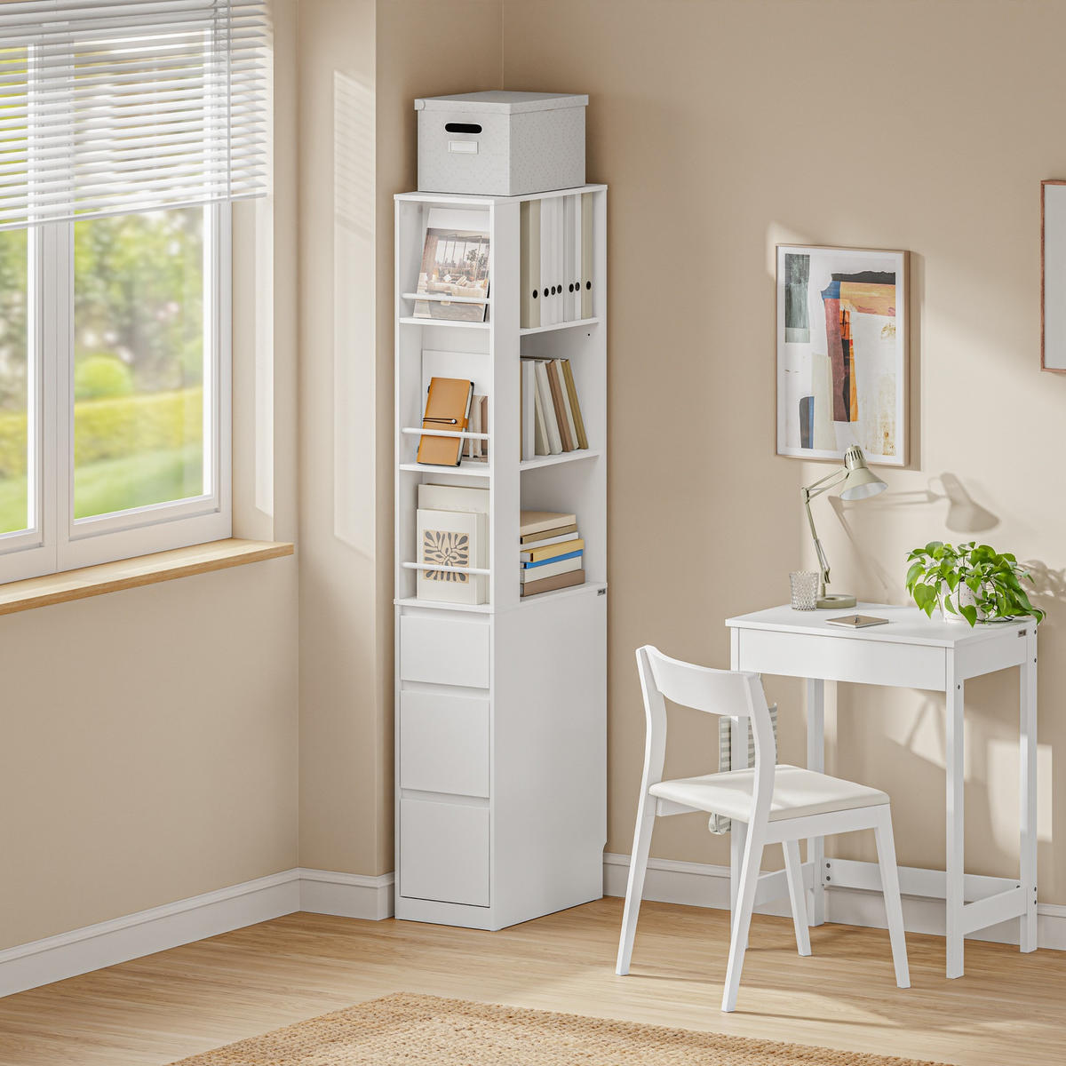 ECKSCHRANK mit Schubladen und Ordnerhalter STR15-W - Ahornfarben/Weiß, Holzwerkstoff/Fell (50/170/28cm) - SoBuy