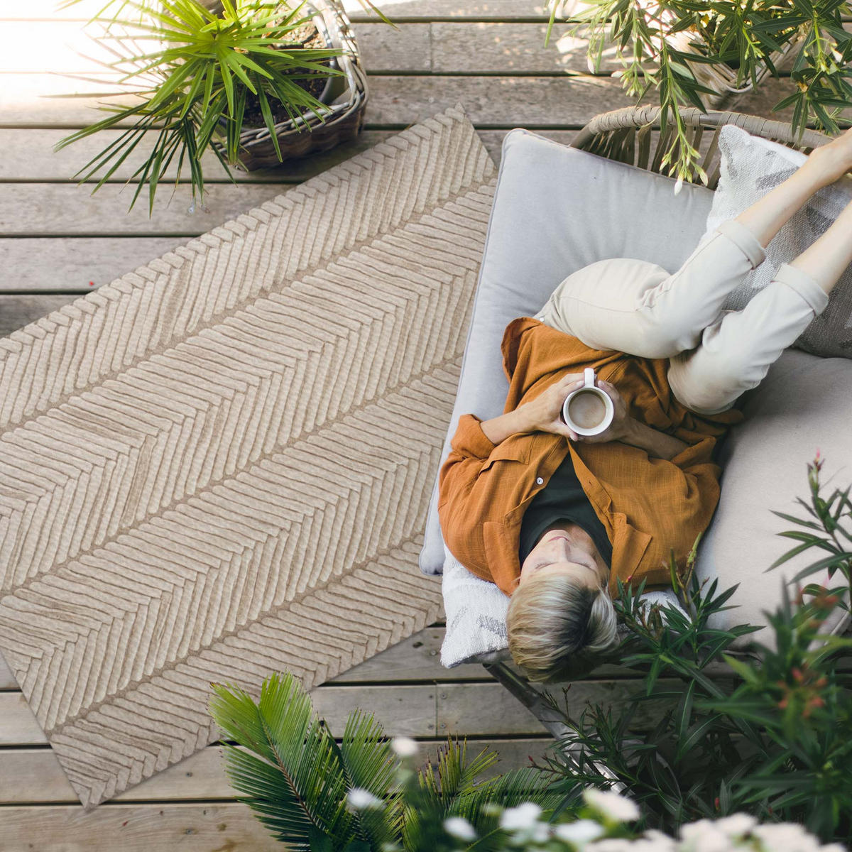 TEPPICH 100x150 cm Indianisches Flechtmuster Boho - Sandfarben, Kunststoff (100/150cm) - Wallfluent