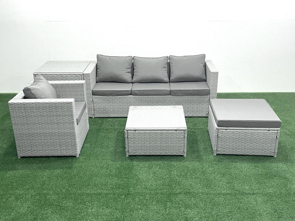 GARTENMÖBELSET mit 3-SITZER SOFA,COUCHTISCH Polyrattan Hellgrau-Mix 5-Sitzer - Hellgrau/Grau, Glas/Kunststoff - Fimous