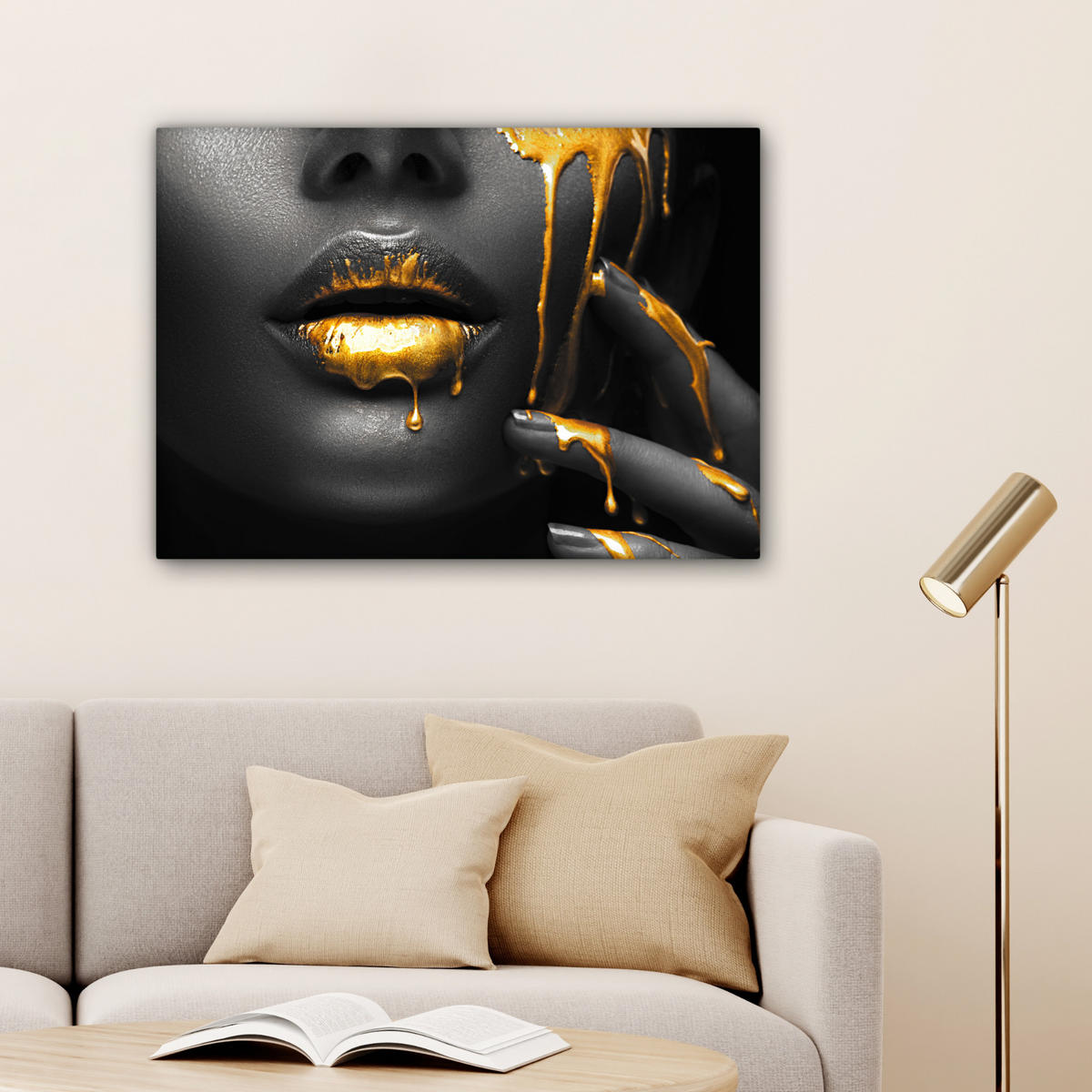 LEINWANDBILD Frau - Schwarz - Gold - Gesicht - Lippen Wandbilder 80x60 cm - Goldfarben, Textil (80/60cm) - MuchoWow