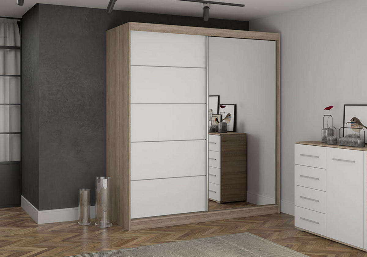 SCHIEBETÜRENSCHRANK - EVA BIS 05 Sonoma + Weiß - Weiß/Sonoma Eiche, Holzwerkstoff (160/195/61cm) - Möblo