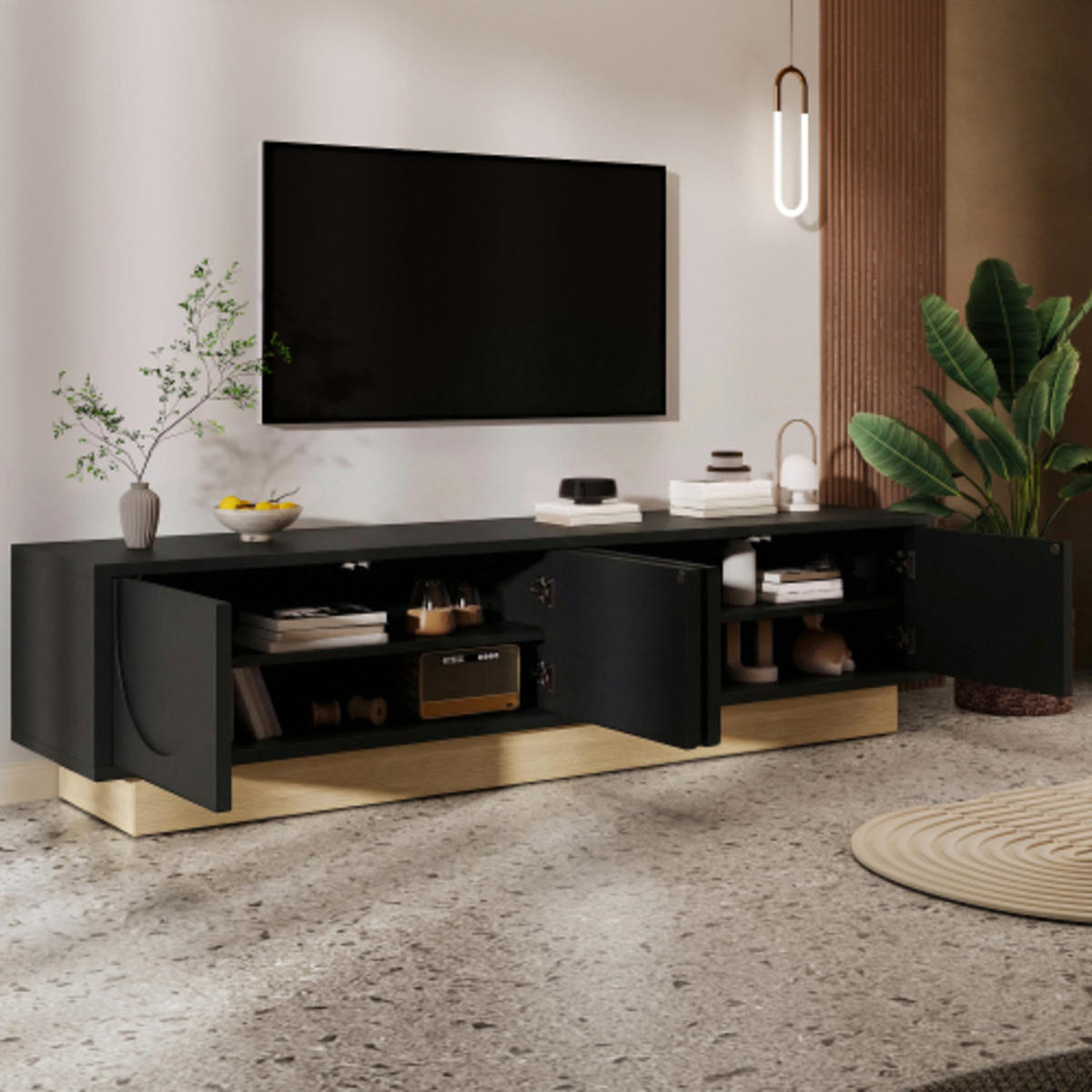 SIDEBOARD mit Holzmaserung schwarz 175×40×41,5 cm aus MDF - Schwarz, Holzwerkstoff (175/41.5/40cm) - Luhomfu