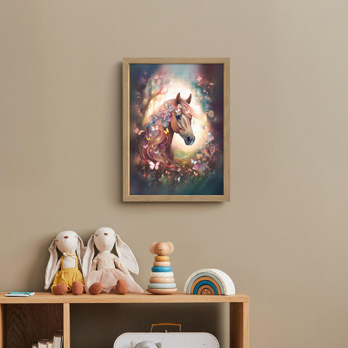 NÁSTĚNNÁ LAMPA S AKUMULÁTOREM Kůň - Příroda - Květiny - Motýli - Les 30x40 cm - tmavě hnědá, kompozitní dřevo (30/40/8cm) - OnlyWow