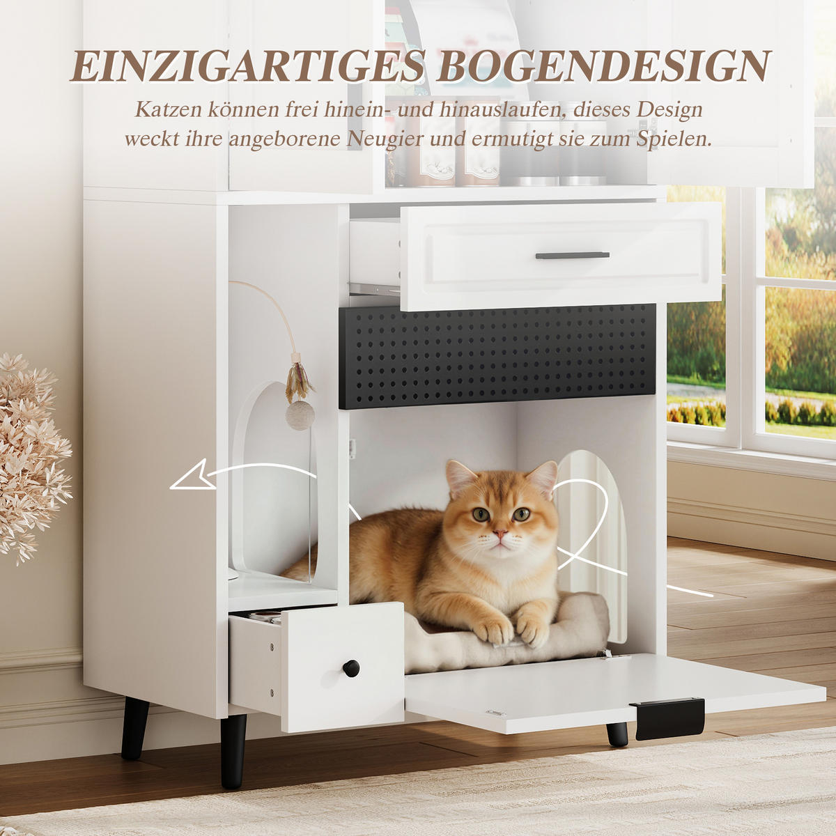 BUFFET Katzenmöbel Schrank MDF Katzenhaus Multifunktion Spielbereich verstellbare Böden Stauraum - Schwarz/Weiß, Holzwerkstoff/Metall (80/161/40cm) - EVRYAE