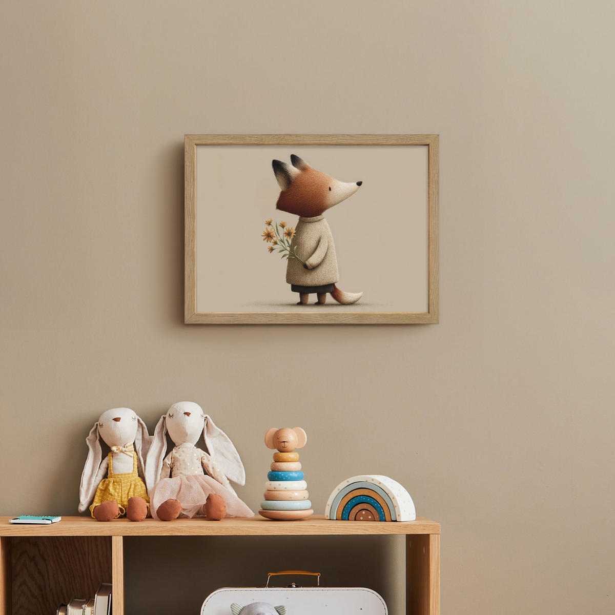 DOBÍJECÍ NOČNÍ LAMPIČKA Liška - Žluté květy - Minimalistický 40x30 cm - šedohnědá, kompozitní dřevo (8/40/30cm) - OnlyWow