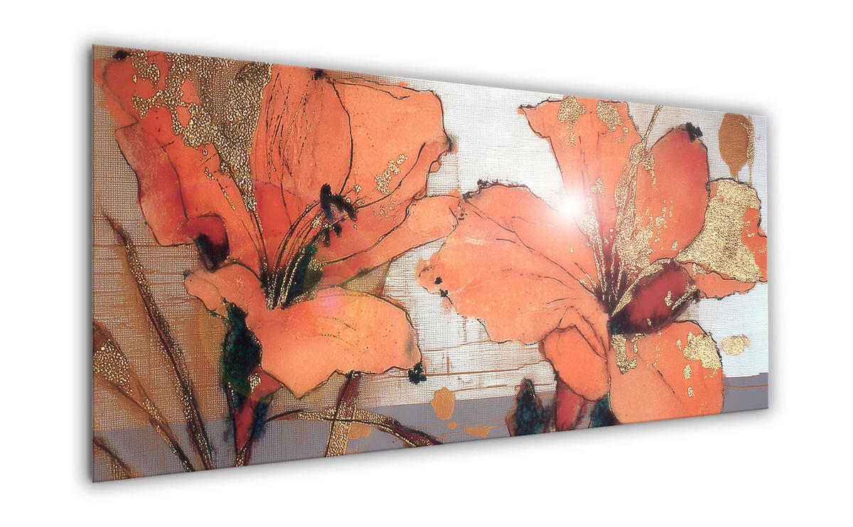 GLASBILD 125x50 cm Blumen orange gold - Beige, Glas (125/50cm) - artissimo